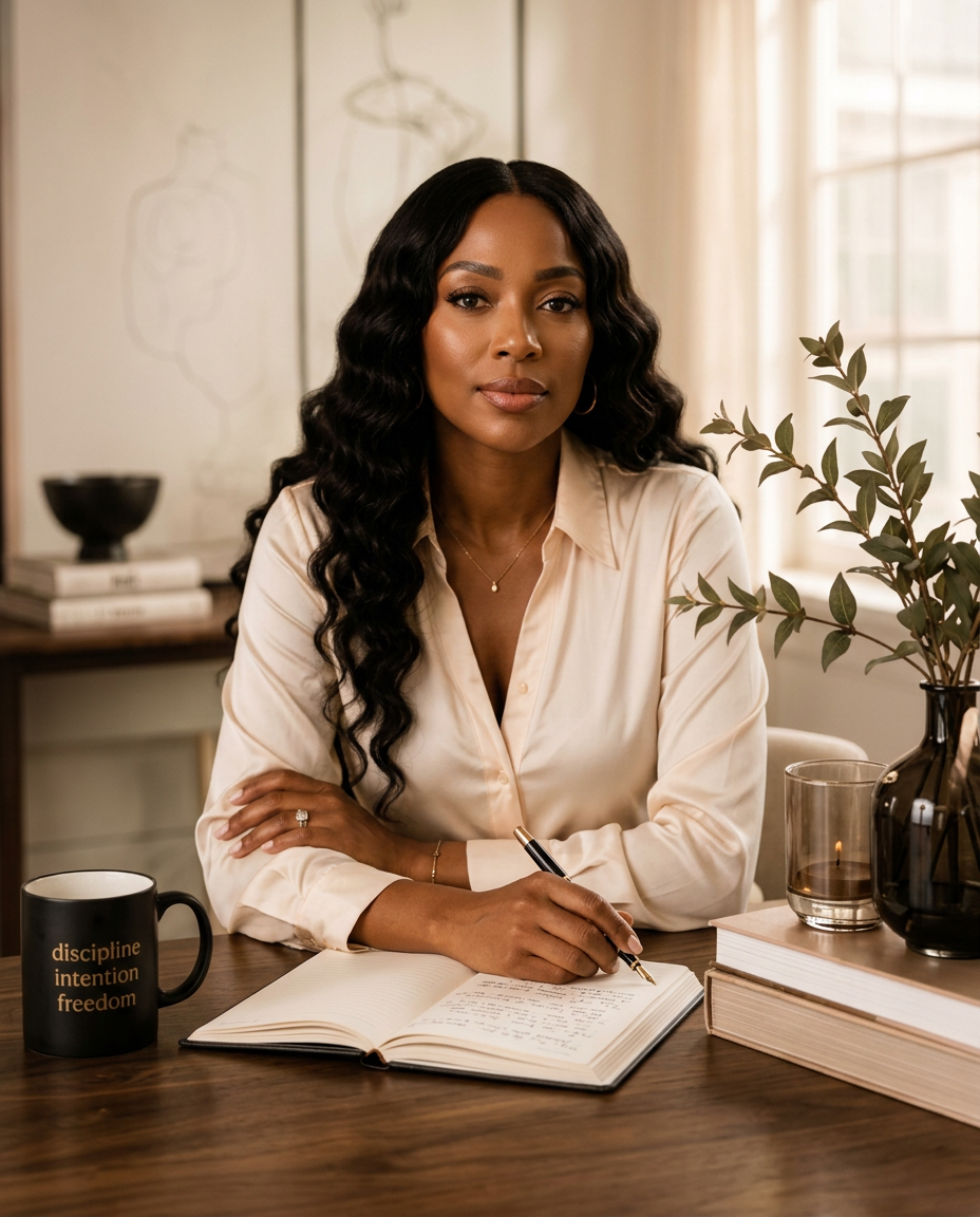 Tameka B., Feminine Reinvention Strategist, journaling at her writing desk